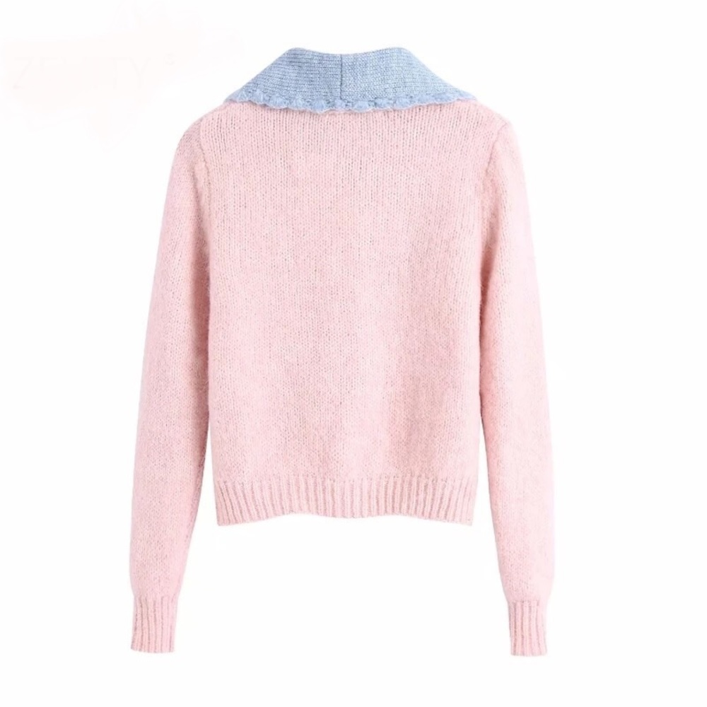 Cardigan sweater stone button pink blue collar short sweater knit - Picture 7 of 11